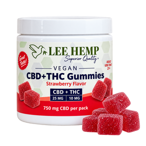 Lee Hemp vegan strawberry CBD + THC gummies, 25 mg CBD and 10 mg THC per gummy, with red sugar-coated gummies displayed beside the jar.