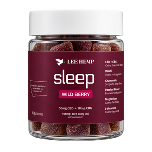 A jar of Lee Hemp Sleep Wild Berry gummies, featuring a white lid and a deep burgundy label with white and pink text, showcasing the dark berry gummies inside.