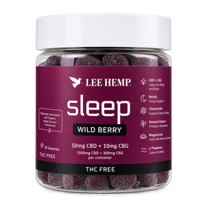 A jar of Lee Hemp Sleep Wild Berry gummies, featuring a white lid and a deep burgundy label with white and pink text, showcasing the dark berry gummies inside.